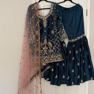 Teal Embroidered Gharara Suit with Peach Dupattai Indian outfit Indian 3 piece